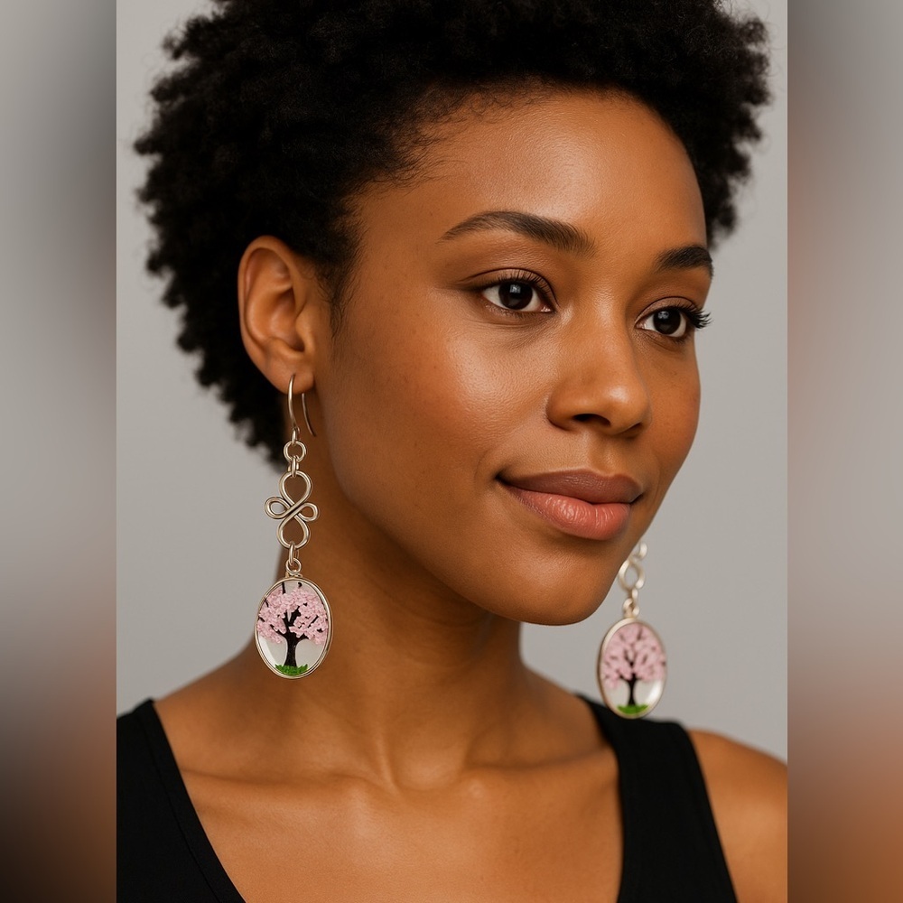 Tree of Life Dangle Earrings with Cherry Blossom Art Handmade Spring NWT